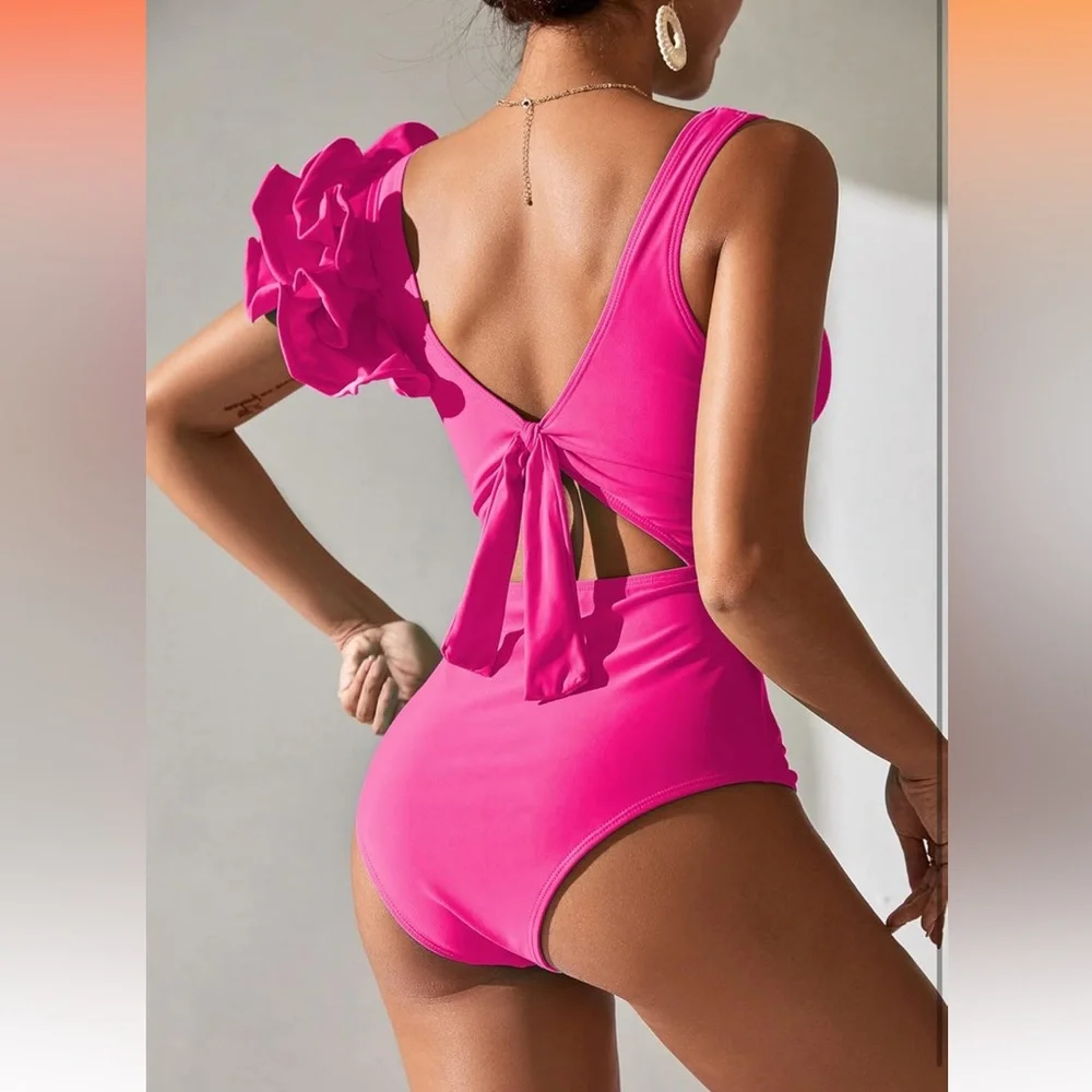 Barbie Hot Pink Ruffled Cut-Out Plunging Swimsuit